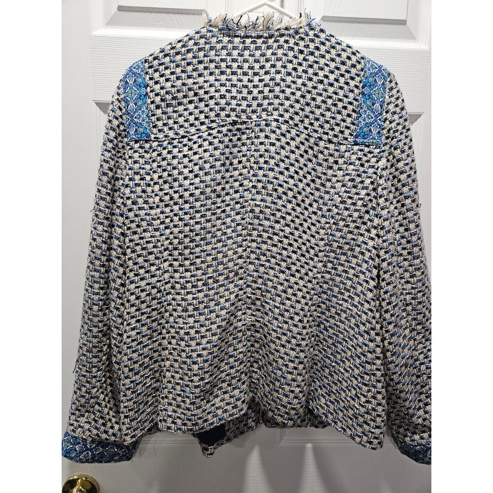 CHICO'S Beige Blue Black Check Tweed Full Zip Fringe Jacket Blazer Size 2 12 - Picture 6 of 10